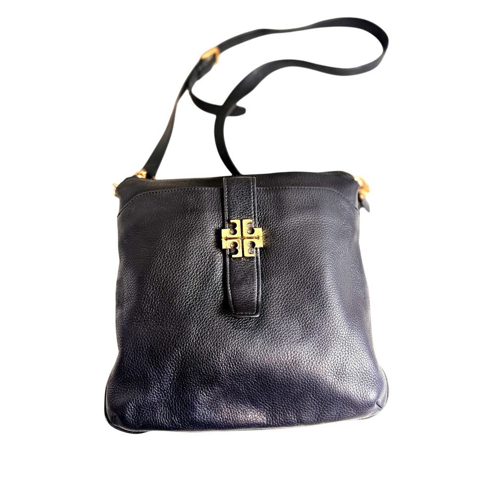 Tory Burch Meyer pebbled black leather crossbody bag gold tone hardware zip top